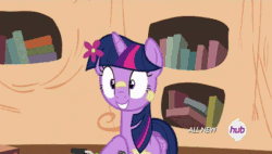Size: 424x240 | Tagged: safe, derpibooru import, screencap, spike, twilight sparkle, twilight sparkle (alicorn), alicorn, dragon, pony, twilight time, all new, angry, animated, carrying, female, food, golden oaks library, hub logo, mare, messy, nachos, oh come on, pile, scooter, spike is not amused, text, unamused, working