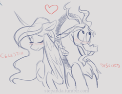 Size: 865x666 | Tagged: safe, artist:stepandy, discord, princess celestia, alicorn, pony, blushing, dislestia, female, male, monochrome, shipping, straight