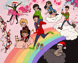 Size: 1500x1216 | Tagged: safe, artist:cup-o-hannibal, pinkie pie, elf, human, pony, unicorn, arthur christmas, car, cloud, crossover, fix-it felix jr., gollum, hat, kart, king candy, kyle gallner, lightsaber, loki, lord of the rings, marvel, race swap, rain, rainbow, riding, rise of the guardians, santa hat, sausage roll, self insert, smarties, star wars, wreck-it ralph