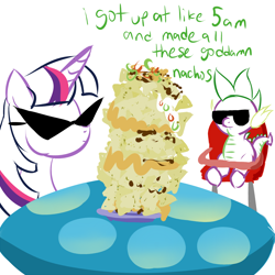 Size: 1200x1200 | Tagged: safe, artist:frist44, derpibooru import, spike, twilight sparkle, highchair, homestuck, nachos, parody, sunglasses, table, vulgar