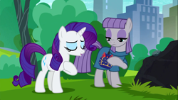 Size: 1366x768 | Tagged: safe, screencap, boulder (pet), maud pie, rarity, pony, unicorn, the gift of the maud pie, rock pouch