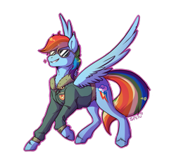 Size: 1993x1821 | Tagged: safe, artist:spetu, derpibooru import, rainbow dash, pegasus, pony, bomber jacket, clothes, grin, jacket, signature, simple background, smiling, smirk, solo, spread wings, sunglasses, transparent background, wings