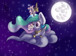 Size: 2286x1683 | Tagged: safe, artist:fullmoondagger, princess celestia, alicorn, pony, chibi, cloud, cute, cutelestia, donut, food, magic, mare in the moon, moon, prone, solo, telekinesis