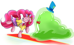 Size: 2800x1694 | Tagged: safe, artist:madacon, pinkie pie, smooze, earth pony, pony, make new friends but keep discord, :3, balancing, bow, bowtie, clothes, dancing, dress, floppy ears, gala dress, hair bow, ooze, raised hoof, smiling, wink
