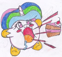 Size: 2207x2025 | Tagged: source needed, safe, artist:cuddlelamb, princess celestia, cake, cakelestia, food, kirby, kirby (character), kirby celestia, kirbyfied, species swap, traditional art