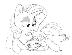 Size: 1280x990 | Tagged: safe, artist:pabbley, opalescence, rarity, pony, unicorn, monochrome, prone, sleeping