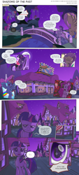 Size: 2250x4965 | Tagged: safe, artist:perfectblue97, derpibooru import, fluttershy, pinkie pie, rainbow dash, rarity, twilight sparkle, unicorn twilight, earth pony, pegasus, pony, unicorn, comic:shadows of the past, broderbund, carmen sandiego, censored, cloak, clothes, comic, eye reflection, mare in the moon, moon, ponified, ponyville, poster, reflection, royal guard, shadow, unnecessary censorship