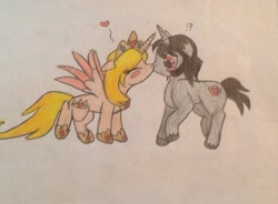 Size: 1024x755 | Tagged: safe, artist:foxi-x-foxy, derpibooru import, king sombra, oc, oc:tiara heart, pony, unicorn, blushing, canon x oc, cute, kissing, shipping, traditional art