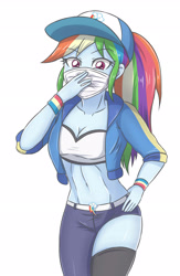 Size: 1874x2874 | Tagged: safe, artist:sumin6301, derpibooru import, rainbow dash, equestria girls, abs, akali, belly button, breasts, cleavage, clothes, crossover, female, jacket, k-pop, k/da, league of legends, midriff, pants, sexy, simple background, solo, tube top, white background, wristband