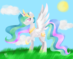 Size: 1024x823 | Tagged: safe, artist:nyan-never, princess celestia, alicorn, pony, lineless, raised hoof, solo, spread wings