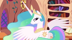 Size: 1100x618 | Tagged: safe, screencap, princess celestia, alicorn, pony, lesson zero, context is for the weak, ethereal mane, female, golden oaks library, mare, out of context, plot, spread wings, sunbutt, wings