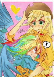 Size: 1080x1528 | Tagged: safe, artist:历史转折中的tt, derpibooru import, applejack, rainbow dash, human, equestria girls, anime, appledash, female, hug, humanized, lesbian, shipping, winged humanization, wings