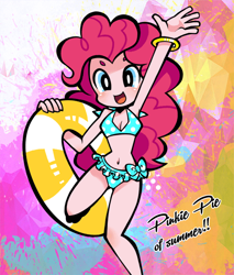 Size: 500x587 | Tagged: safe, artist:rikuta, pinkie pie, equestria girls, armpits, attached skirt, belly button, bikini, blue swimsuit, cleavage, clothes, cute, female, frilled swimsuit, polka dot swimsuit, side-tie bikini, solo, swimsuit