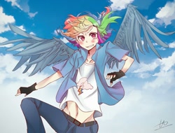 Size: 1680x1280 | Tagged: safe, artist:历史转折中的tt, derpibooru import, rainbow dash, human, anime, belly button, clothes, female, humanized, jeans, midriff, pants, shirt, solo, winged humanization, wings