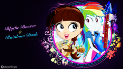 Size: 1920x1080 | Tagged: safe, artist:illumnious, artist:imperfectxiii, derpibooru import, edit, rainbow dash, human, equestria girls, acoustic guitar, ashleigh ball, back to back, blythe baxter, crossover, electric guitar, guitar, littlest pet shop, looking at each other, reference, signature, vector, wallpaper, wallpaper edit