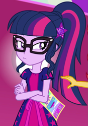 Size: 697x998 | Tagged: safe, screencap, sci-twi, sunset shimmer, twilight sparkle, better together, equestria girls, spring breakdown, clothes, cropped, crossed arms, female, geode of telekinesis, glasses, magical geodes, offscreen character, ponytail