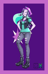 Size: 828x1280 | Tagged: safe, alternate version, artist:srasomeone, part of a set, starlight glimmer, equestria girls, beanie, breasts, clothes, cutie mark background, grin, hands on hip, hat, high heels, jacket, latex, purple background, shiny, shirt, shoes, simple background, smiling, solo, starlight jiggler, torn jeans, watch, wristwatch