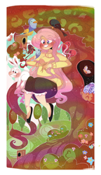 Size: 2300x4000 | Tagged: safe, artist:mili-kat, angel bunny, fluttershy, bird, human, blushing, clothes, cute, egg, grin, humanized, shyabetes, sitting, smiling, solo, sweatershy, tree