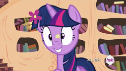 Size: 1023x575 | Tagged: safe, derpibooru import, screencap, twilight sparkle, twilight sparkle (alicorn), alicorn, pony, twilight time, female, hub logo, mare, solo