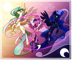 Size: 1024x861 | Tagged: safe, artist:kiki-kit, princess celestia, princess luna, twilight sparkle, twilight sparkle (alicorn), alicorn, pony, elements of harmony, jewelry, princess shoes, regalia