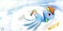 Size: 4000x2000 | Tagged: safe, artist:dashy21, derpibooru import, rainbow dash, pegasus, pony, book, cloud, cloudy, female, mare, prone, reading, signature, sky, solo