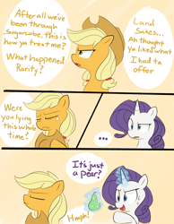 Size: 1156x1493 | Tagged: safe, artist:lance, applejack, rarity, earth pony, pony, unicorn, comic, drama queen, female, hilarious in hindsight, implied shipping, jealous, lesbian, levitation, magic, pear, rarijack, shipping, sweat, that pony sure does hate pears