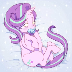 Size: 2048x2048 | Tagged: safe, artist:chapaghettii, starlight glimmer, pony, unicorn, bed, hooves to the chest, lidded eyes, lying down, on back, pacifier, solo, three quarter view