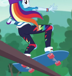 Size: 585x620 | Tagged: safe, derpibooru import, screencap, rainbow dash, better together, equestria girls, sic skateboard, ass, clothes, cropped, female, leggings, not an edit, rainbutt dash, rear view, skateboard, solo