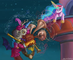 Size: 2168x1808 | Tagged: safe, artist:arimovergremrider, discord, princess celestia, alicorn, pony, annoyed, bagpipes, bags under eyes, bard, cacophony, cross-popping veins, dislestia, female, glowing horn, male, music, noise, serenade, shipping, smirk, straight, the scream
