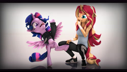Size: 9600x5400 | Tagged: safe, artist:imafutureguitarhero, sci-twi, sunset shimmer, twilight sparkle, twilight sparkle (alicorn), alicorn, anthro, plantigrade anthro, pony, unicorn, 3d, absurd resolution, adidas, anthro with ponies, bandage, bipedal, black bars, chromatic aberration, clothes, colored eyebrows, duo, ear piercing, earring, faic, falling, female, film grain, floppy ears, freckles, grin, hand over mouth, hand wraps, hoodie, horn, jewelry, laughing, long hair, mare, nail polish, nose wrinkle, open mouth, piercing, raised hoof, reflection, scitwilicorn, screaming, shoes, signature, smiling, sneakers, source filmmaker, squatting, stifling laughter, tanktop, tattoo, tongue out, trackpants, tracksuit, wall of tags, wallpaper, wide eyes, wings, wrist wraps, yelling