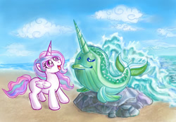 Size: 953x661 | Tagged: safe, artist:arimovergremrider, princess celestia, alicorn, narwhal, pony, splash, water, younger