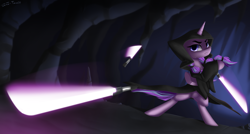 Size: 2800x1500 | Tagged: safe, artist:shido-tara, starlight glimmer, pony, unicorn, alternate hairstyle, cave, crossover, darkness, darth traya, knights of the old republic, lightsaber, pigtails, sith, star wars, star wars: the old republic, twintails, weapon