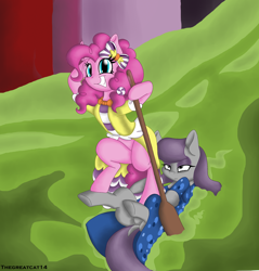 Size: 1024x1071 | Tagged: safe, artist:queentigrel, maud pie, pinkie pie, smooze, earth pony, pony, make new friends but keep discord, oar, pinkie being pinkie, pumice maud