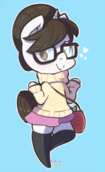 Size: 609x1000 | Tagged: safe, artist:talim_stuff, raven, anthro, unguligrade anthro, unicorn, blue background, blushing, chibi, clothes, cute, female, glasses, hair bun, mare, moe, ravenbetes, simple background, skirt, socks, solo, sweater, thigh highs