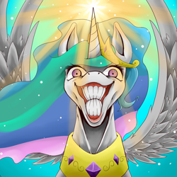 Size: 1500x1500 | Tagged: safe, artist:aerostoner, princess celestia, alicorn, pony, bust, creepy, crepuscular rays, dimples, faic, female, flehmen response, glowing horn, grin, hoers, horses doing horse things, imminent death, jesus christ how horrifying, looking at you, mare, nightmare fuel, nope, slasher smile, smiling, solo, spread wings, sun, toothy grin, wat, where is your god now?, wide eyes