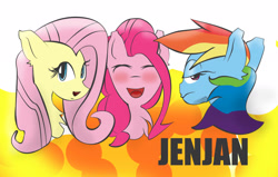 Size: 2200x1400 | Tagged: safe, artist:jenjan23all, derpibooru import, fluttershy, pinkie pie, rainbow dash, earth pony, pegasus, pony, eyes closed, happy face, serious, serious face, venezuela