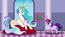 Size: 1466x836 | Tagged: safe, artist:littledragonspirit, princess celestia, twilight sparkle, alicorn, pony, book, cushion, cute, filly, happy, magic, momlestia