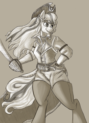 Size: 726x1000 | Tagged: safe, artist:pseudosharp, applejack, anthro, clothes, cutlass, hat, monochrome, pirate, pirate hat, solo