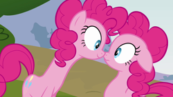 Size: 1280x720 | Tagged: safe, screencap, pinkie pie, earth pony, pony, too many pinkie pies, clone, duality, pinkie clone, scrunchy face, self ponidox