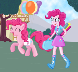Size: 1625x1495 | Tagged: safe, artist:majkashinoda626, pinkie pie, earth pony, pony, equestria girls, bag, balloon, banner, boots, high heel boots, human ponidox, saddle bag, smiling, square crossover, then watch her balloons lift her up to the sky
