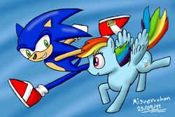 Size: 1200x800 | Tagged: safe, artist:migueruchan, derpibooru import, rainbow dash, pegasus, pony, crossover, sonic the hedgehog, sonic the hedgehog (series)