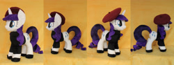 Size: 6016x2256 | Tagged: safe, artist:whitedove-creations, rarity, beatnik rarity, beret, clothes, female, hat, irl, photo, plushie, shoes, slippers, solo, sweater