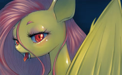 Size: 3236x2000 | Tagged: safe, artist:unousaya, fluttershy, close-up, fangs, flutterbat, high res, looking at you, pixiv, solo, tongue out