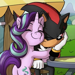 Size: 2000x2000 | Tagged: safe, artist:thedrawvoid, starlight glimmer, anthro, pony, unicorn, affection, cheek squish, female, hug, male, outdoors, shadow the hedgehog, sonic the hedgehog (series), squishy cheeks, table