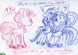 Size: 3368x2385 | Tagged: safe, artist:colossalstinker, derpibooru import, pinkie pie, rainbow dash, earth pony, pegasus, pony, g3.5, telling lies, traditional art