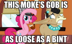 Size: 821x500 | Tagged: safe, screencap, mulia mild, pinkie pie, earth pony, pony, britpie insults, image macro, meme