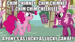 Size: 893x500 | Tagged: safe, screencap, cheerilee, pinkie pie, earth pony, pony, britpie insults, chim chim cher-ee, image macro, mary poppins, meme, pun, song reference