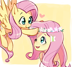 Size: 551x500 | Tagged: dead source, safe, artist:baekgup, fluttershy, butterfly, pegasus, pony, equestria girls, clothes, cute, female, floral head wreath, flower, flower in hair, heart, human ponidox, mare, one eye closed, open mouth, self ponidox, shyabetes, smiling, square crossover, wink