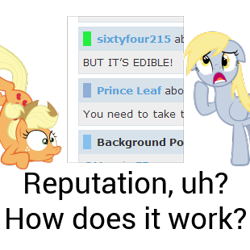 Size: 310x310 | Tagged: safe, derpibooru import, applejack, derpy hooves, earth pony, pony, derpibooru, meta, reputation bar, roboto, text