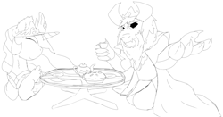 Size: 7809x4088 | Tagged: safe, artist:firefanatic, princess celestia, alicorn, pony, absurd resolution, asgore dreemurr, black and white, crossover, duo, fluffy, food, grayscale, monochrome, pie, rough sketch, tea, undertale